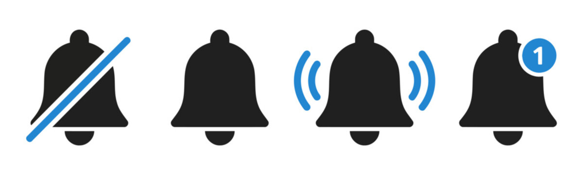 Set of notification bell icons including silent and alert states with notification reminder interface