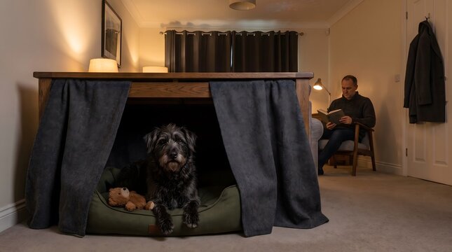 Black dog in handmade blanket fort. Fluffy canine resting on a green bed with a teddy bear toy. Man reading a book in an armchair in the background of a cozy domestic living room interior scene