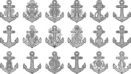 Collection of ornate nautical anchors hand drawn vintage style isolated on transparent background © Ki