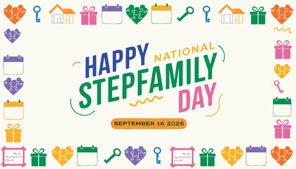 Fototapeta premium Happy national stepfamily day celebration graphic with colorful festive icon border