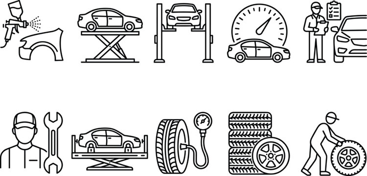Car Repair and Tire Service Line Icon Set with Mechanic Lift Wheel Alignment Paint Spray and Diagnostics Symbols for Garage Websites