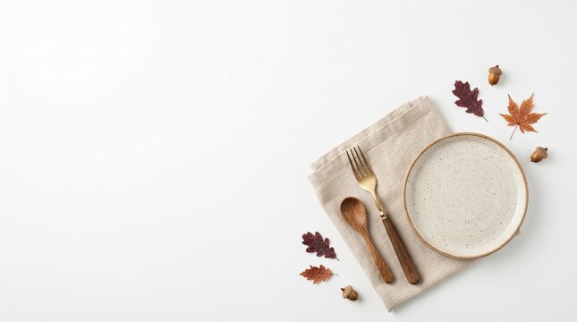 Empty ceramic plate with wooden cutlery and autumn leaves on a linen napkin with copy space