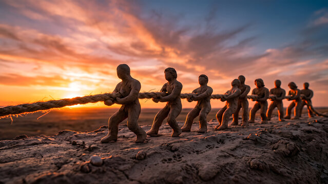 Clay figures pulling a rope together at sunset symbolizing teamwork and unity