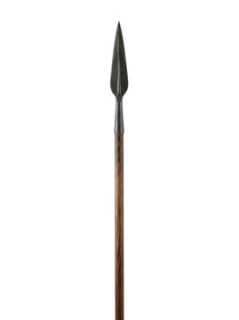Ancient stone age spearhead with wooden shaft isolated on transparent background