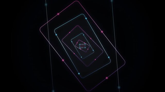 Neon rhombus rotates and scales inward against a black backdrop rotating scaling geometric