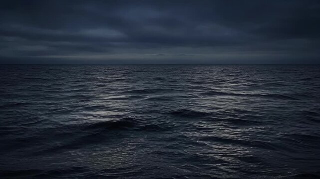 Dark Ocean Surface with Rolling Sea Wave Beneath Stormy Sky, Moody Cloud Filled Horizon and Atmospheric Water Seascape Conveying Solitude, Calm, and Quiet Tension at Twilight
