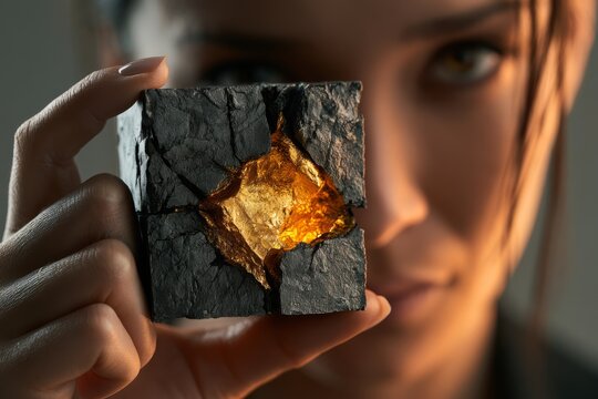 Businesswoman holds a cracked stone cube revealing a mineral core