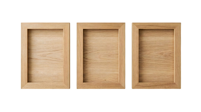 Three empty wooden picture frames arranged side by side isolated on transparent background