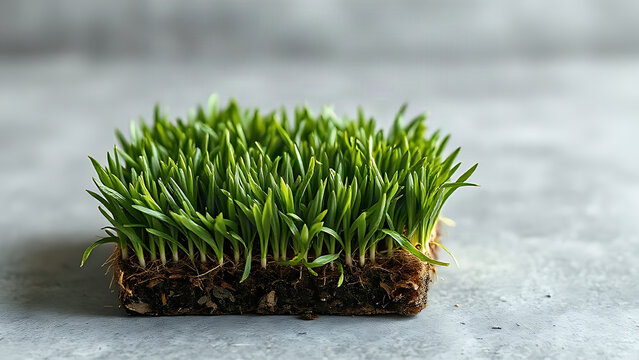 Fresh grass sod block with stolon network, lawn care and landscaping concept