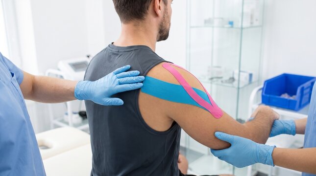 Physical therapist in blue gloves, with pink and blue kinesiology tape, applying elastic tape to shoulder, in medical clinic room, healthcare photography