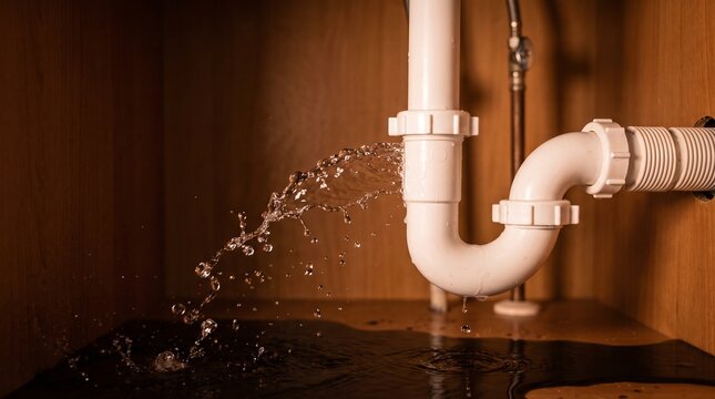 Plastic drainage pipe joint, with high pressure water stream spraying, bursting under cabinet, indoor kitchen sink area, home maintenance photography