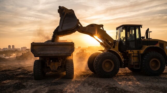 Heavy front wheel loader machine, with bucket dumping dirt into dump truck, loading soil at sunset, dusty outdoor construction site, industrial photography