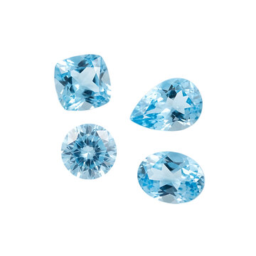 Four sparkling blue topaz gemstones of various cuts isolated on transparent background