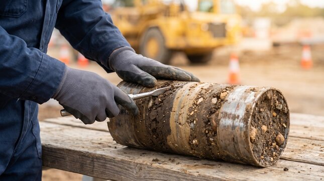 Geotechnical engineer hands in safety gloves, with metal soil core sample cylinder, scraping dirt sample with chisel, at outdoor construction site, industrial photography