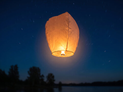 A single glowing paper lantern floating peacefully in the dark night sky above a lake