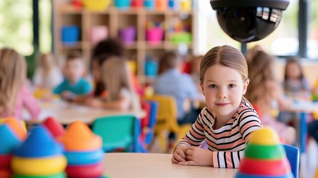 Young girl sits at a desk in a classroom with a surveillance camera overhead.