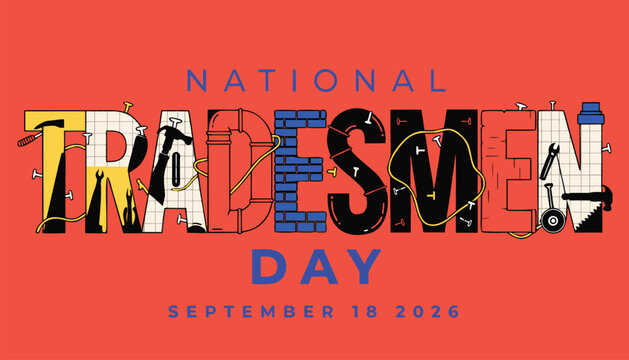 National tradesmen day typography design with construction tools on red background