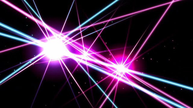 Neon laser beams radiate and converge against a dark black background in a dynamic sequence