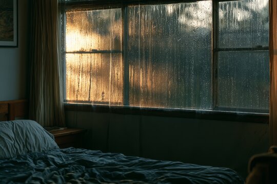 Bedroom window is covered by a curtain of falling rain