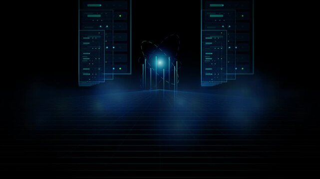 Blue server racks recede into a dark digital space during a data transition