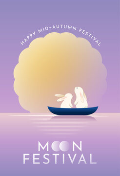 Mid Autumn Festival Poster with Jade Rabbits Riding Blue Boat Under Glowing Golden Full Moon in Dreamy Minimalist Asian Gradient Style. Editable Vector Illustration