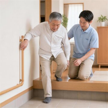 玄関の段差を降りる高齢男性を支える介護士