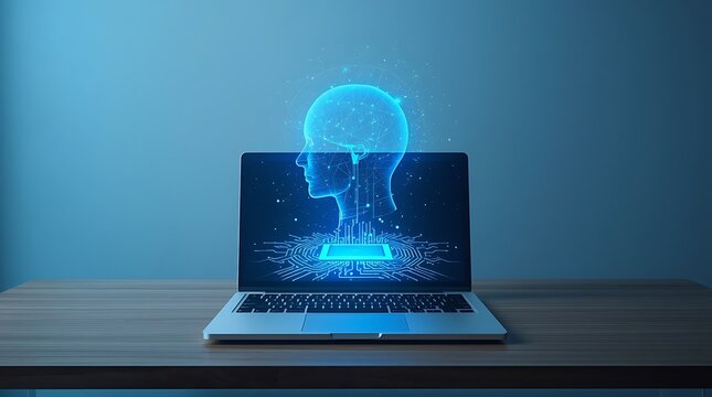 Digital brain and machine intelligence concept with glowing network connections.