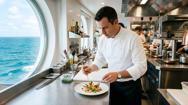 Professional chef plating gourmet seafood dish inside modern ship galley kitchen