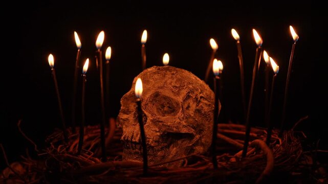 Skull with black witchcraft candles surrounded and tree twigs and branches on black background. Slow motion shot of flames on wicks. Witchcraft ritual and magic alchemy human skull for Halloween
