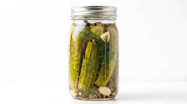 A crunchy green snack of pickled cucumber preserved in a jar with vinegar brine and fermented spices for a healthy food treat