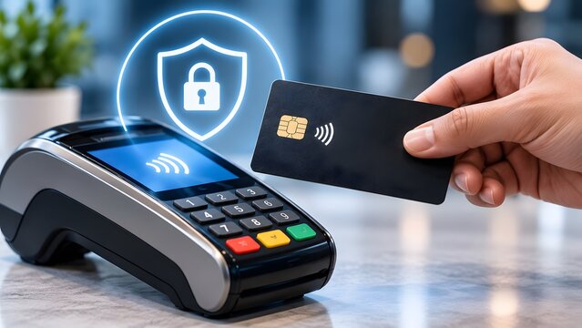 Customer hand hovering contactless credit card over pos terminal with glowing security shield icon representing safe digital payment
