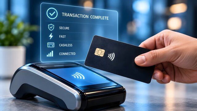Customer hand hovering contactless credit card over pos terminal with glowing digital interface showing transaction complete status