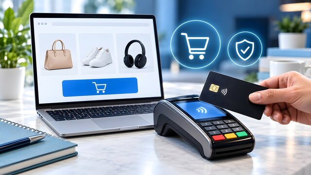 Customer hand hovering contactless credit card over pos terminal purchasing shoes and accessories from online e commerce store on laptop