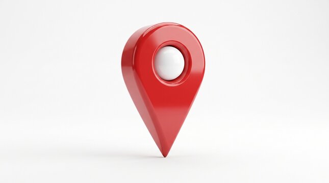 Red Location Pin on White Background: A simple yet prominent red location pin, signifying a point of interest or a geographical marker, stands against a clean white backdrop.