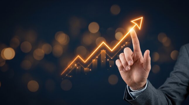 Businessman hand touching glowing upward arrow graph, financial growth concept, stock market investment success, economic profit increase, digital technology background