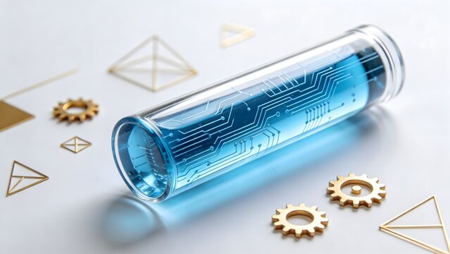 Test tube with blue liquid and gears