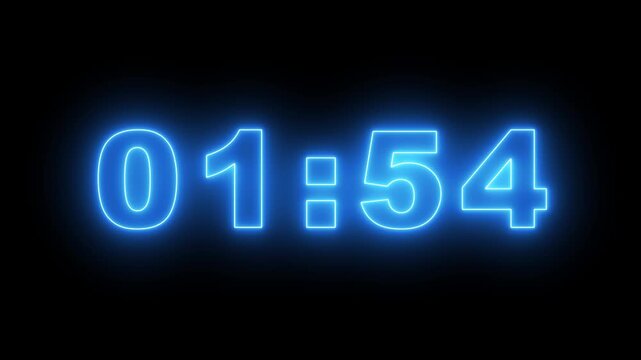 Glowing blue neon digital timer readout showing one tow minute to zero sec countdown display animation