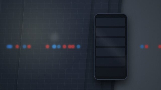 Abstract Smartphone UI Wireframe Interface with Glowing Data Dots and Dark Grid Background