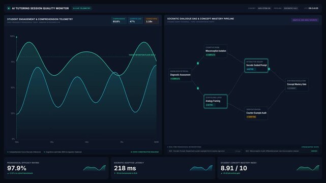 Ai tutoring session quality monitor dashboard with live telemetry student engagement metrics, for advanced educational technology, machine learning analytics, digital classroom management