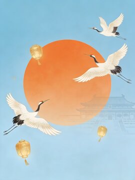 Cranes flying with lanterns and moon