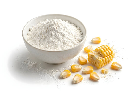White Cornstarch Powder in Ceramic Bowl with Fresh Yellow Maize Kernels