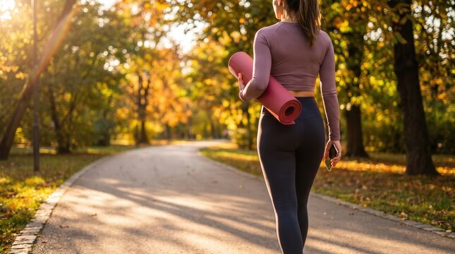 Woman walking through an autumn park carrying a pink yoga mat and smartphone, capturing a healthy active lifestyle during a sunny fall morning for wellness branding and fitness marketing.