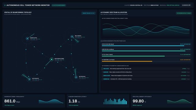 Autonomous cell tower network monitor interface with dynamic spectrum allocation, for 5g telecommunications management, network operations, artificial intelligence optimization, data