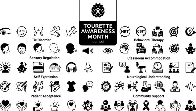 Tourette Awareness Month Icon Set Tic Disorder Behavioral Therapy Vector Illustration