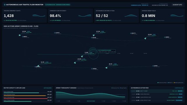 Autonomous air traffic flow monitor interface for flight paths metrics, for aviation technology, air traffic control, airspace management, modern aerospace logistics operations