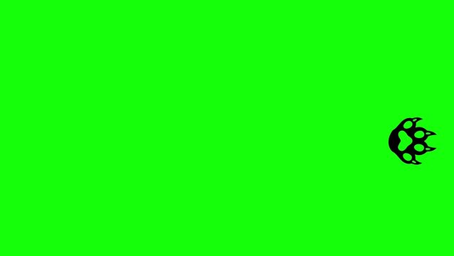 Animated clawed paw prints walking on green screen chroma key background.