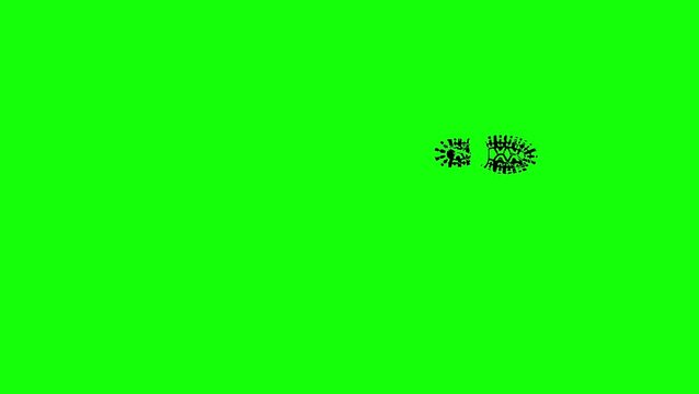 Animated shoe footprints walking on green screen chroma key background.