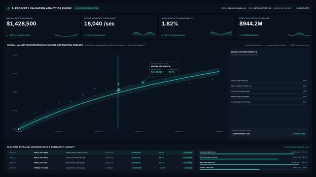 Ai property valuation analytics dashboard with real estate market data, financial metrics, neural weights, for automated property appraisal, investment analysis, portfolio forecasting