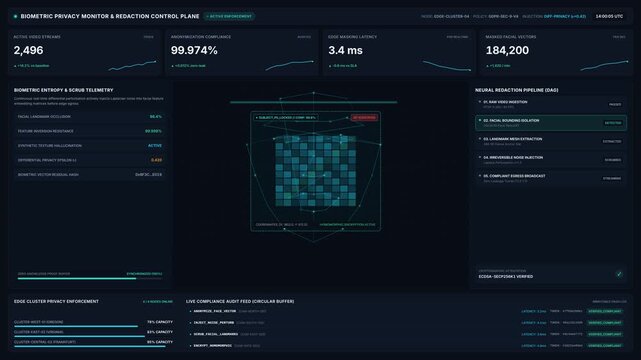 Biometric video monitor redaction control plane dashboard with data streams, for futuristic security, digital surveillance, neural reaction pipeline, advanced cyber defense technology