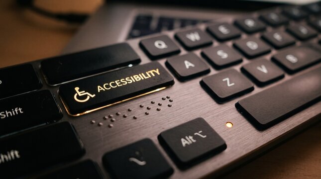 Close up of computer keyboard featuring illuminated accessibility key with wheelchair symbol and tactile Braille dots for inclusive digital technology